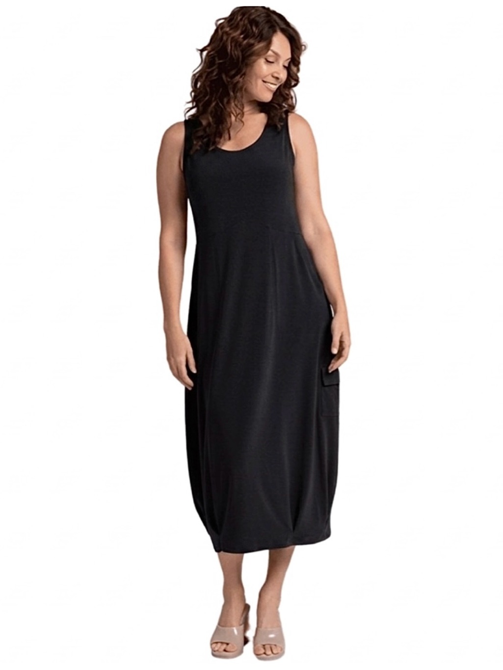 Sympli Black Sleeveless Midi Pleat Hem Tank Dress In Black - Size 12